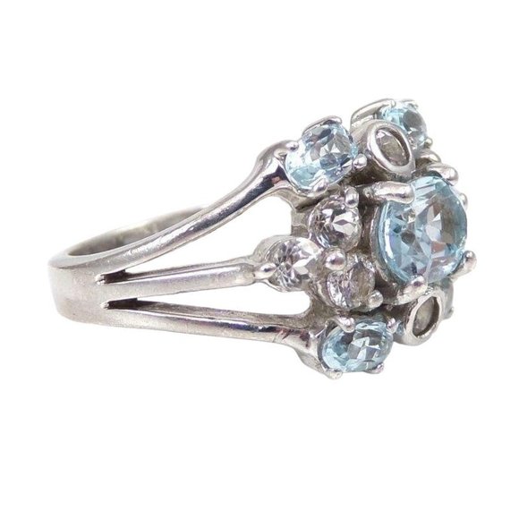 Boho Sterling Silver Blue White Topaz Cluster Flower Ring Size 10 - Picture 2 of 6
